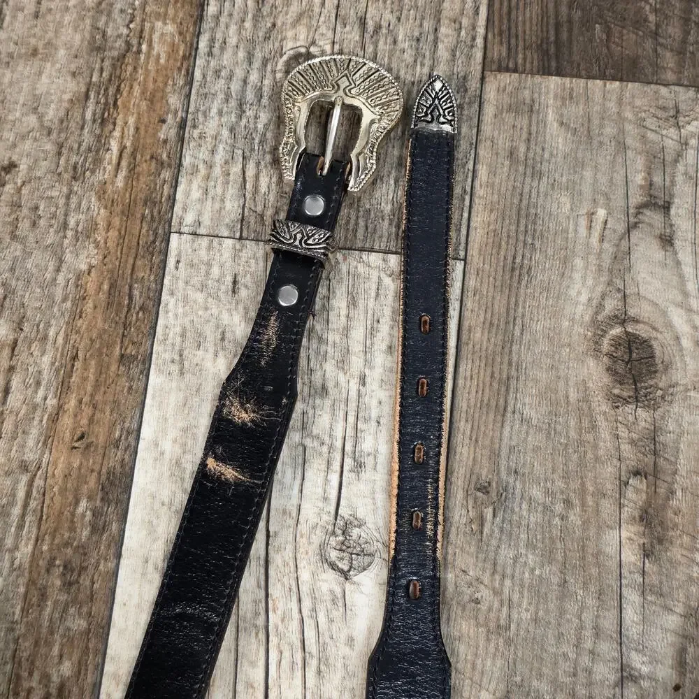 Vintage Black Leather Western Belt Size 34 Silver Buckle Distressed Cowboy